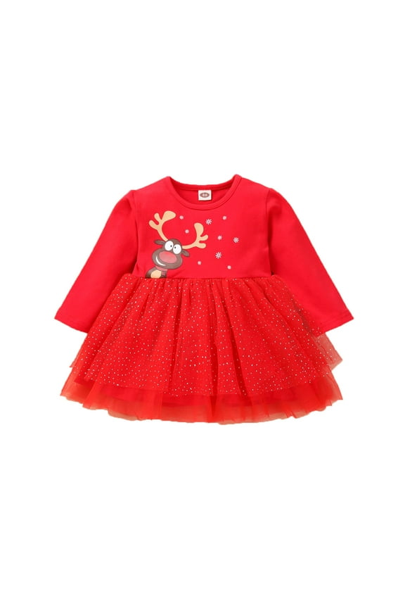 Baby Girl Christmas Dresses Toddler Long Sleeve Deer Snowflake Dress Princess Mesh Tulle Tutu Dress Infant Xmas Clothes
