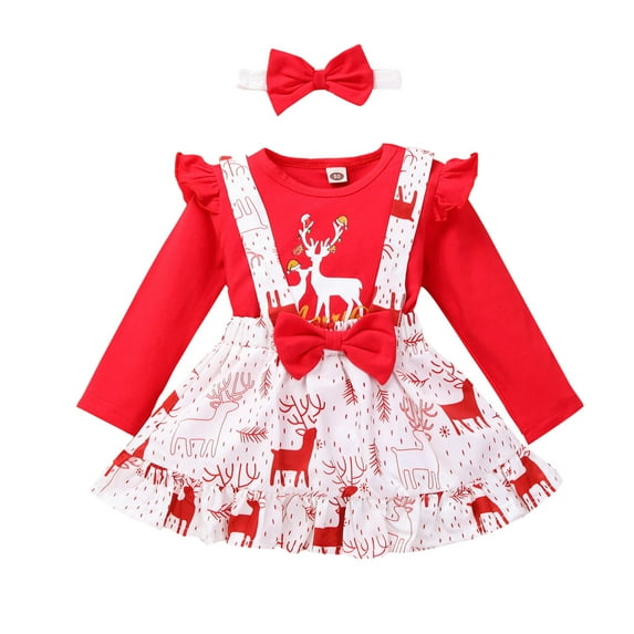 Mercatoo Baby Girl Christmas Outfits Long Sleeve Letter Deer Printed Romper Suspender Skirt, Bow Tie Set 3Pcs Toddler Clothes