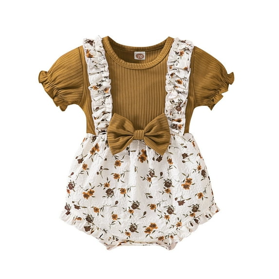 Mercatoo Baby Girl Clothes Romper Puff Sleeve Floral Ruffle Ribbed Suspender Jumpsuit Toddler Girl Summer 2pcs Outfit