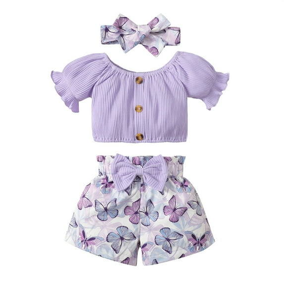 Mercatoo Baby Girl Clothes Toddler Summer Outfits Set Puff Sleeve Romper and Floral Butterfly Shorts with Headband 3Pcs Suit