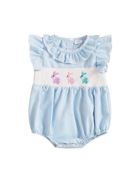 Baby Girl Easter Outfit Bunny Embroidery Bubble 𝐑omper 𝐑uffle Cotton Linen Bodysuit 𝐒mocked Baby Clothes 1st Birthday Outfit