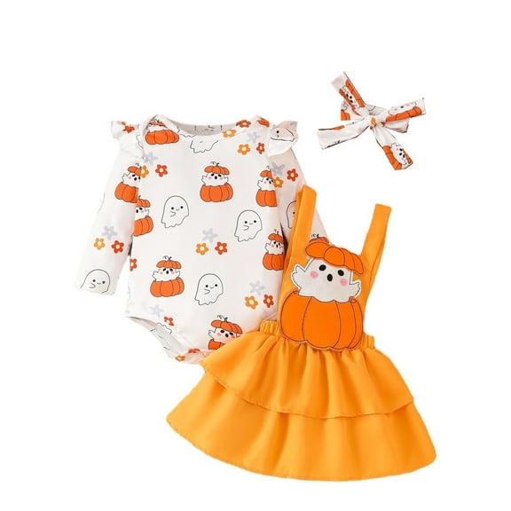 Mercatoo Baby Girl Halloween Set Pumpkin Print Long Sleeve Romper Tops and Back Dress Set Kids Fall Winter Clothes