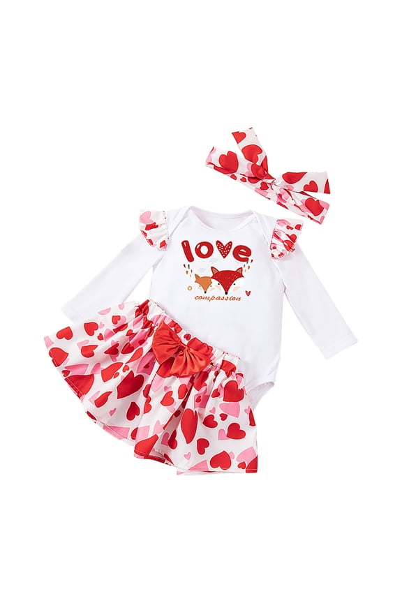 Baby Girl Heart Clothes Set Newborn My First Valentine's Day Long Sleeve Rompe1 Skirt Headband 3 Piece Infant Outfit