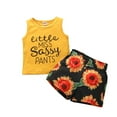 thumbnail image 1 of Mercatoo Baby Girl Overalls 2PC Clothes Set Toddler Baby Girls Sleeveless Letter Vest Tops+Sunflower Printed Shorts Outfits, 1 of 9