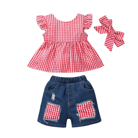 Mercatoo Baby Girl Plaid Print Fly Sleeve O Neck Pleated Tops Ripped Denim Shorts Plaid Bowknot Headband 3PCS Clothes Baby Outfit