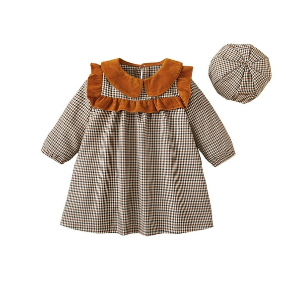 Mercatoo Baby Girl Spring Long Sleeve Dresses Plaid 𝐒mocked Dress Toddler Doll Collar Dress with Hat 2 Pcs