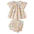 thumbnail image 1 of Mercatoo Baby Girl Summer Clothes Puff Sleeve Flower T Shirt Top + Ruffle 𝐁loomer Shorts 2 𝐏iece Set Toddler Beach Outfit, 1 of 9