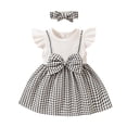 thumbnail image 1 of Mercatoo Baby Girl Summer Dress Baby Fly Sleeve A Line Solid Ribbed Top Patchwork Bowknot Plaid Suspender Skirt Dresses, 1 of 9