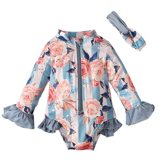 Mercatoo Baby Girl Swimsuit Floral Long Sleeve Zipper Ruffle Swimwear Hairband 2Pcs Rash Guard Beach Swim Outfit Clothes