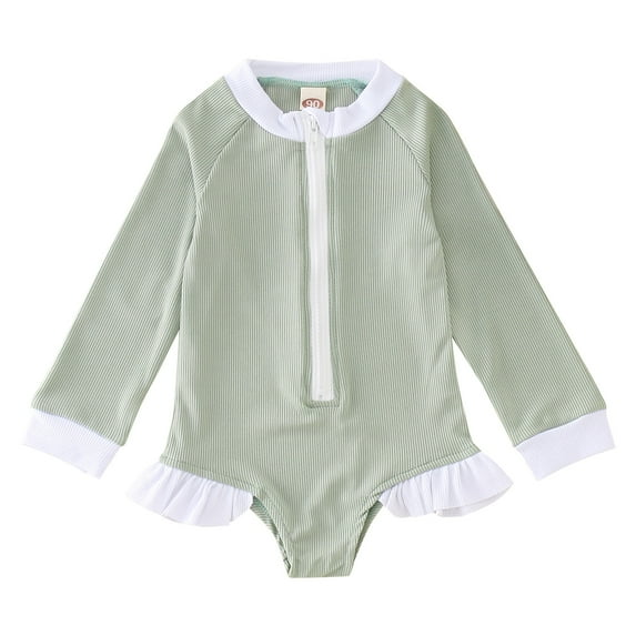 Mercatoo Baby Girl Swimsuit One-𝐏iece Long Sleeve Rash Guard Set Ribbed Zipper Bathing Suit Girls Ruffle Beach Wear