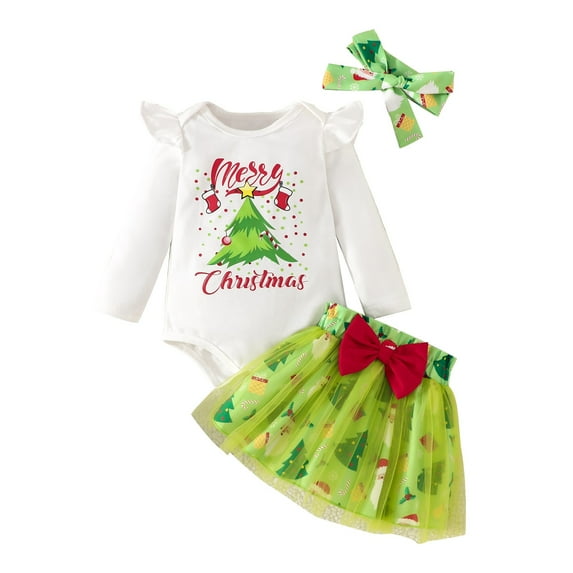 Mercatoo Baby Girl's My 1st Christmas Outfit Long Sleeved Letter Printed Romper Mesh Skirt Hairband Cute Baby Outfits