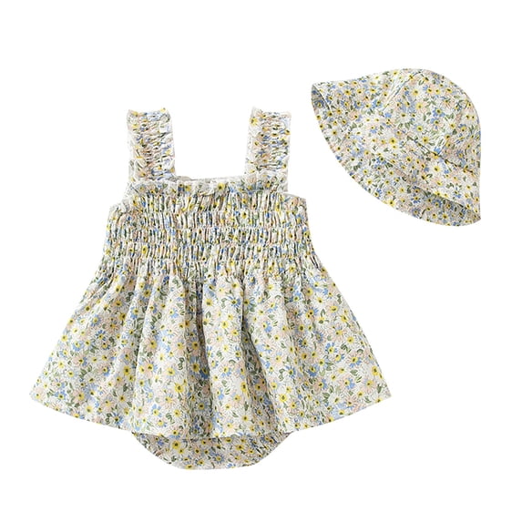 Mercatoo Baby Girls Beach Outfit Print Ruffle Wide Straps Dress with Floral Print Cap Toddler Girls Summer Clothes Set