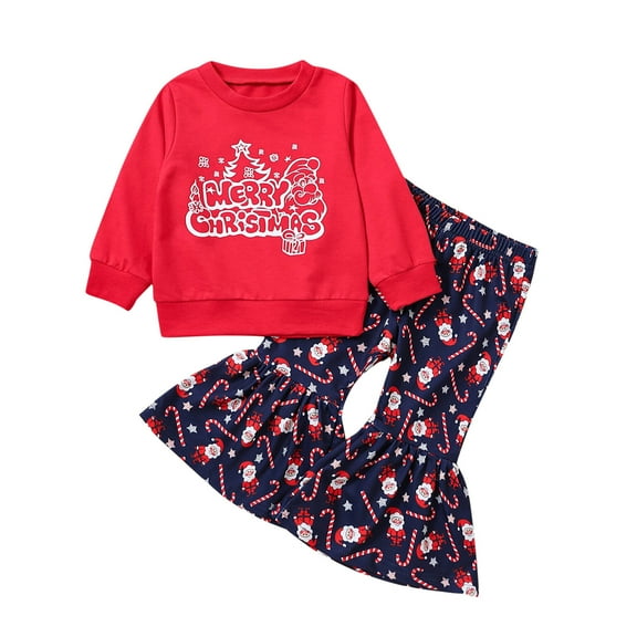 Mercatoo Baby Girls Christmas Outfit Toddler Letter Print Long Sleeve Sweatshirt Bell Bottoms 2Pcs Set Flares Pants Clothes