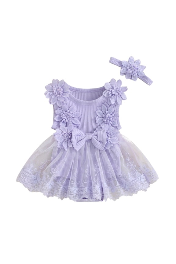 Baby Girls Lace Dress Embroidery Flowers Tulle Ribbed Sundress + Headband 2Pcs Toddler Summer Princess Dress