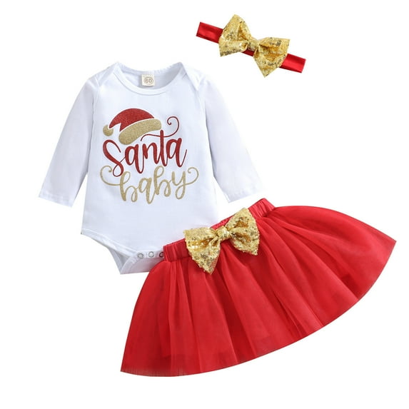 Mercatoo Baby Girls Winter Christmas Outfit Print Long Sleeve Romper Tulle Skirts + Headbands My First Christmas Clothes Set