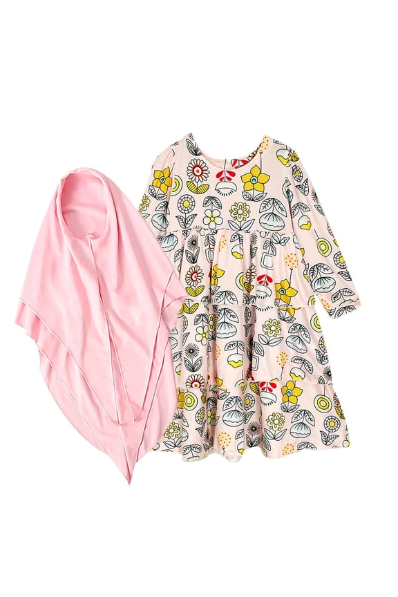 Baby Hijab Set Girls Long Sleeve Floral Ramadan Muslim Abaya Set Toddler Kids Maxi 𝐃ubai Robe Traditional Clothing