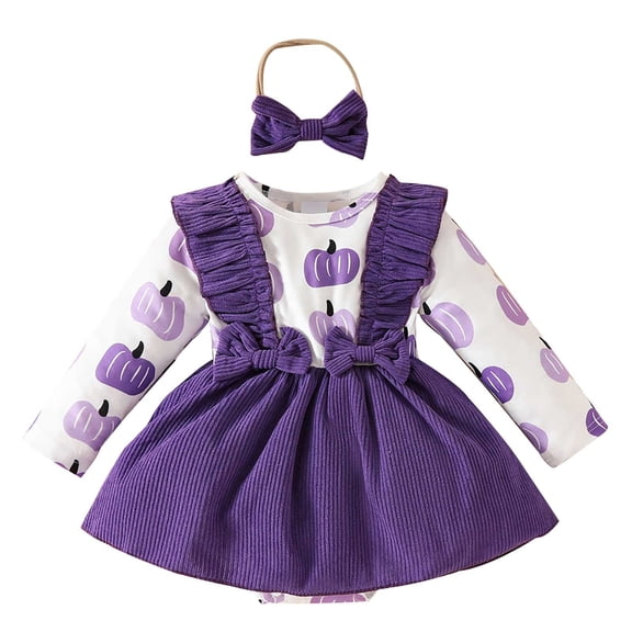 Mercatoo Baby Pumpkin Halloween Long Sleeve Ha Dress 2 Piece Yellow Purple Pumpkin Print Ha Dress