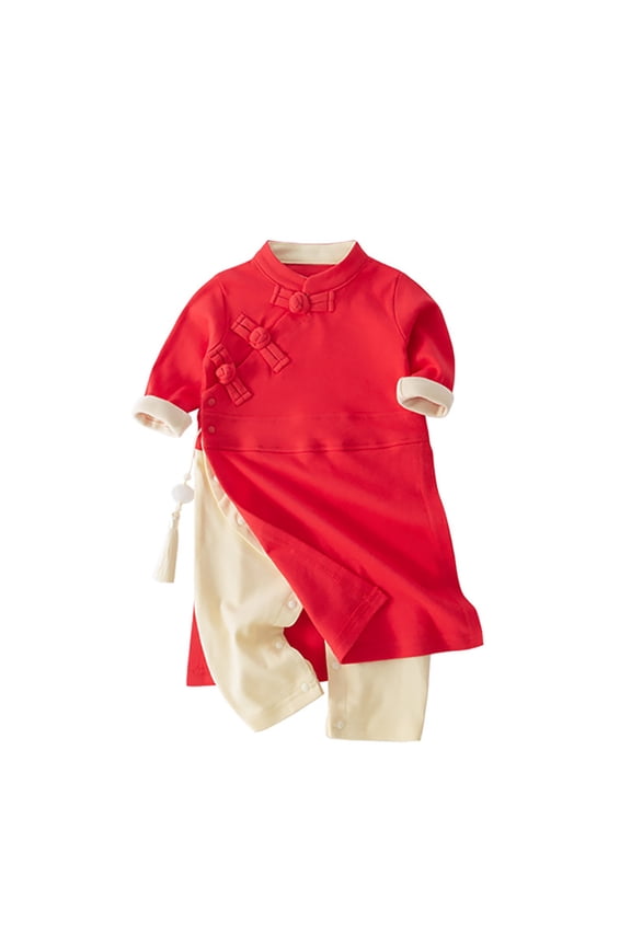 Baby Toddler Chinese New Year Red 𝐑ompers Cheongsam Jumpsuit Newborn Long Sleeve 𝐎nesie Bunny Outfit Traditional Overalls