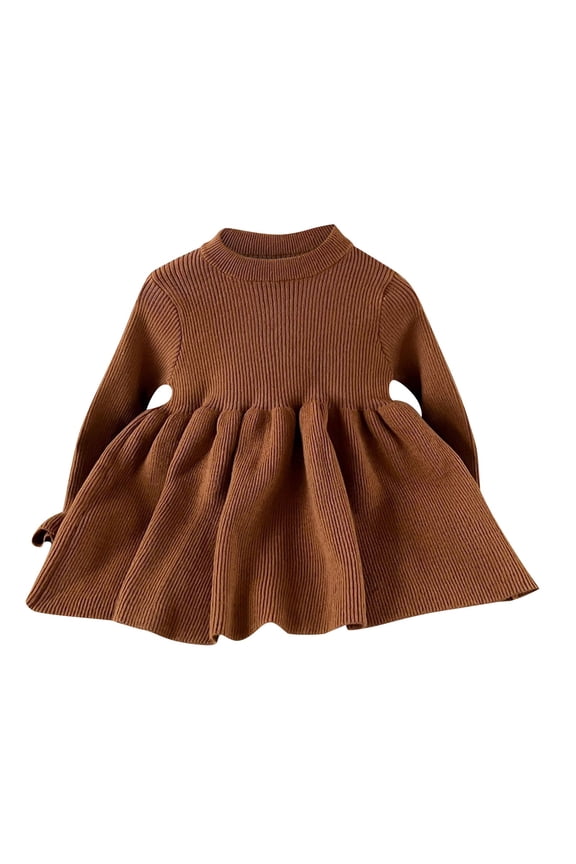 Baby Toddler Girls Ribbed Knit Sweater Dress 𝐑uffle Long Flared Sleeve Casual Plaid Christmas Playwear Clothes