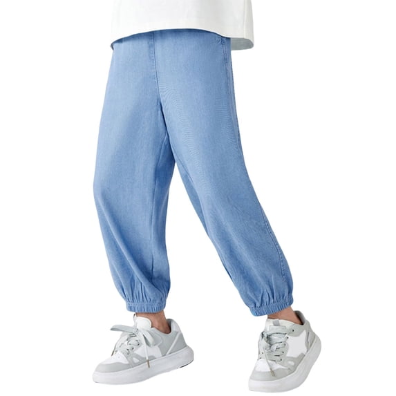 Mercatoo Baggy Blue Jeans for Boys Wide Leg Solid Denim Pants Athletic Elastic Waist Comfy Cotton Slim Fit Casual Loose Trouser