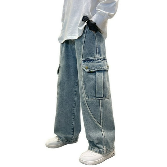 Mercatoo Boys Cargo Jeans 𝐒tretch Elastic Waist Denim Pants Jogger with Pockets Baggy Casual Trousers Fall Y2K Streetwear