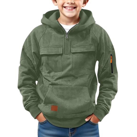 Mercatoo Boys Fleece Hoodies Half Zip up Cargo Jackets Pullover Hooded Sweatshirts Plain Thick Warm Cotton Outwear with Pockets