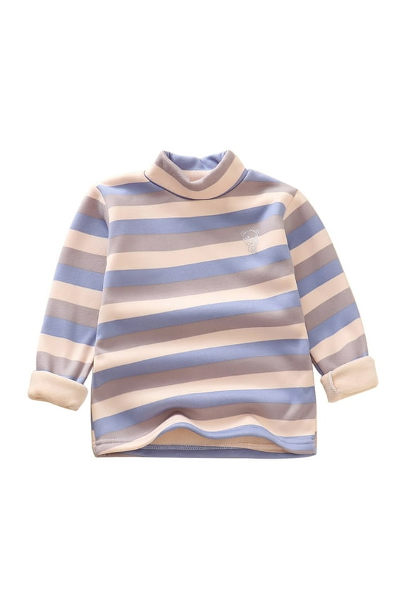 Boys Girls Fleece Striped Shirt High Neck Long Sleeve Casual Athletic T-shirt Top Kids Warm Shaggy Fall Winter Tee