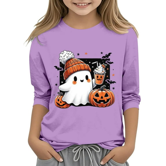 Mercatoo Boys Girls Halloween Shirt Kids Cute G𝗵𝐨st Graphic Tops 3/4 Sleeve Crewneck Shirts Cotton 𝐀thletic Letter Tee