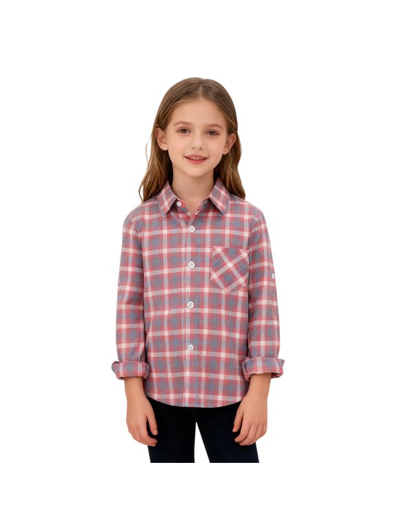 Boys Girls Plaid Shirts Button Down Western Tops Long Sleeve Kids Collared Shacket Casual Loose Spring Basic Tees Blouse