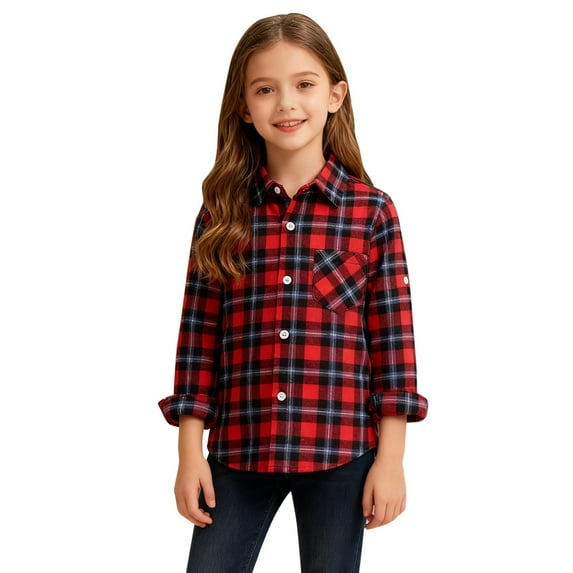 Mercatoo Boys Girls Plaid Shirts Button Down Western Tops Long Sleeve Kids Collared Shacket Casual Loose Spring Basic Tees Blouse