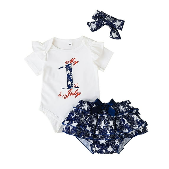 Mercatoo Boys Girls Short Sleeve 4th-of-July Letter Printed Romper Bodysuits 𝐒tars Ruffles Shorts Headbands Outfits
