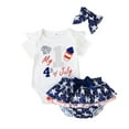 thumbnail image 1 of Mercatoo Boys Girls Short Sleeve 4th-of-July Letter Printed Romper Bodysuits 𝐒tars Ruffles Shorts Headbands Outfits, 1 of 3