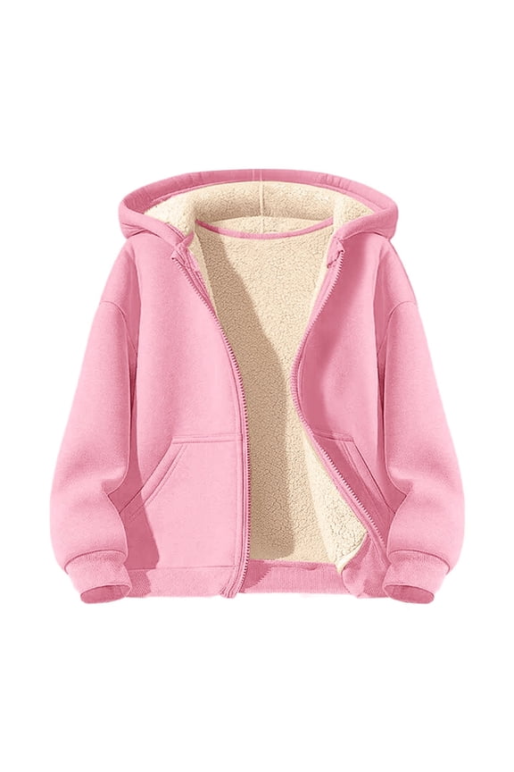 Boys Girls Winter Fl𝐞ece Lined Zip Up Ho𝐨dies Thick Warm Long Sleeve Lamb Wool Pullover Sweatshirt Solid Color Coat