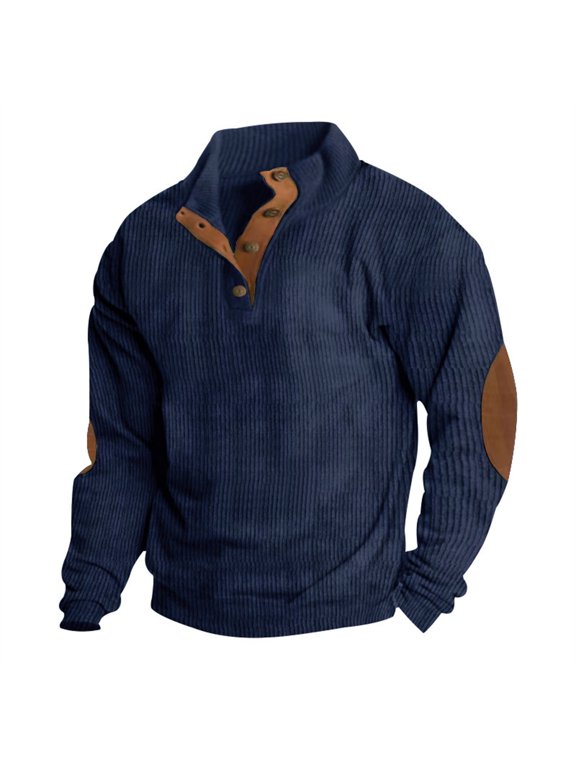 Boys Long Sleeve Shrits Corduroy Sweatshirt Casual Quarter Button Pullover Sweatshirts Retro 𝗘lbow Patched 𝗛enley Shirt Tops