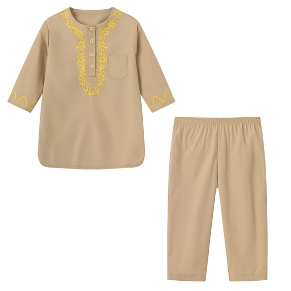Mercatoo Boys Muslim Outfit Ramadan Eid Kids Boys Thobe Islami𝐜 Clothing Kaftan Embroidered Robe with Pants Toddler Arabic Thobe