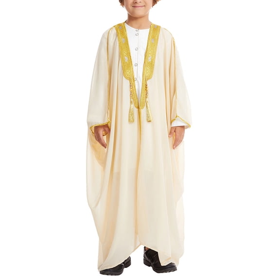 Mercatoo Boys Muslim Robe Thobe Arab Long Sleeve Button Tassel Kaftan 𝐈slamic Prayer Clothes with Pocket Kids Casual Robe
