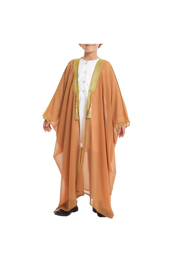Boys Muslim Robe Thobe Arab Long Sleeve Button Tassel Kaftan 𝐈slamic Prayer Clothes with Pocket Kids Casual Robe