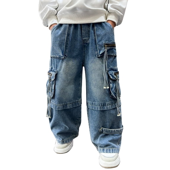 Mercatoo Boys Oversize Cargo Denim Jeans Retro Multi Pocket for Kids Baggy Loose Elastic Waist Pants Streetwear Zip Pocket Y2k