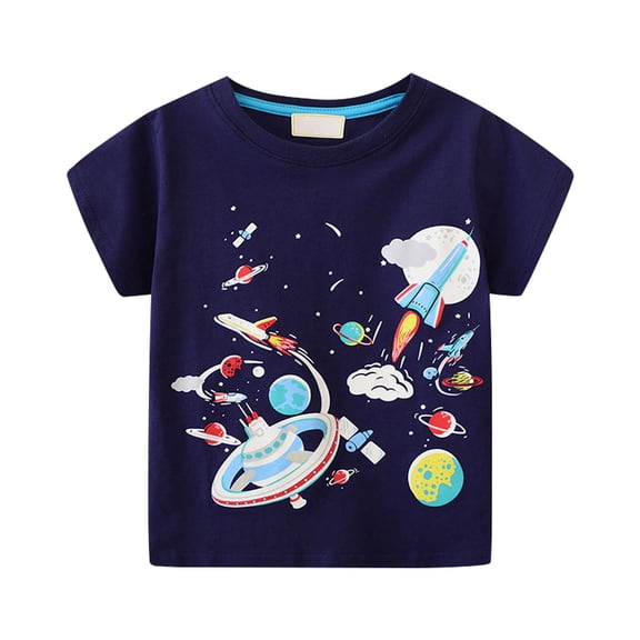 Mercatoo Boys Spaceship Base Planet Pattern Short Sleeved T Shirt Children's Male Baby Middle and Small Basketball Short