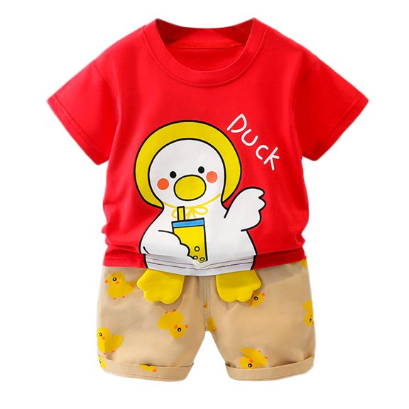 Mercatoo Boys Toddler Summer Two 𝐏iece Cute 𝐂artoon 𝐃uck Printed Short Sleeve T-shirt Tee Tops Shorts Loose Set