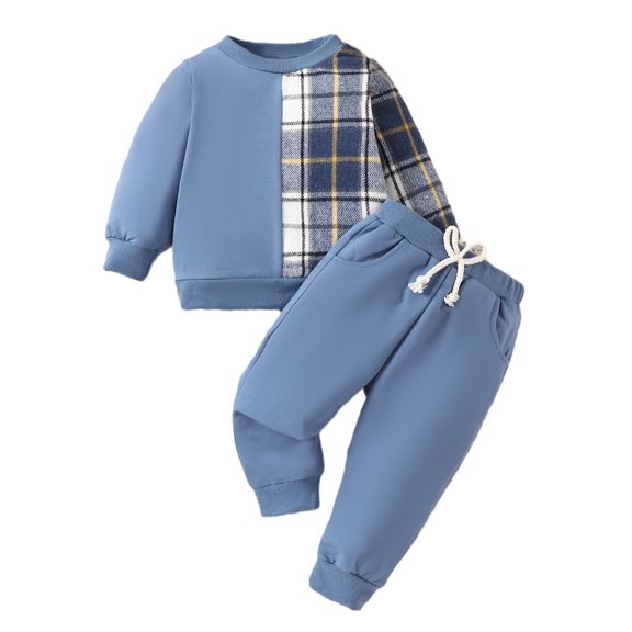 Mercatoo Boys and Toddlers' Sweatsuit Set Plaid Patchwork Sweatshirt Pullover Top Solid Joggers Sweatpants Baby Clothing Set