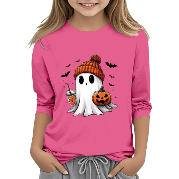 Mercatoo Casual 3/4 Sleeve T Shirts for Kids Girls Halloween 3D Printed Sweatshirt Cute 𝐂artoon Crewneck Pullover Fashion Tees