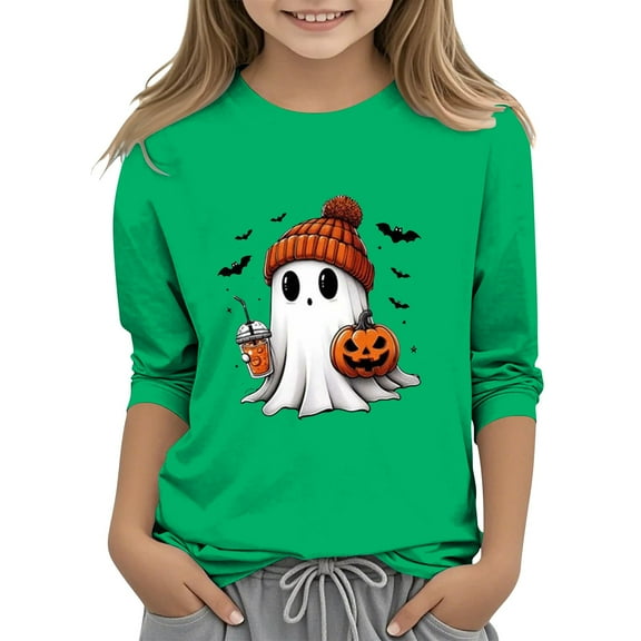 Mercatoo Casual 3/4 Sleeve T Shirts for Kids Girls Halloween 3D Printed Sweatshirt Cute 𝐂artoon Crewneck Pullover Fashion Tees