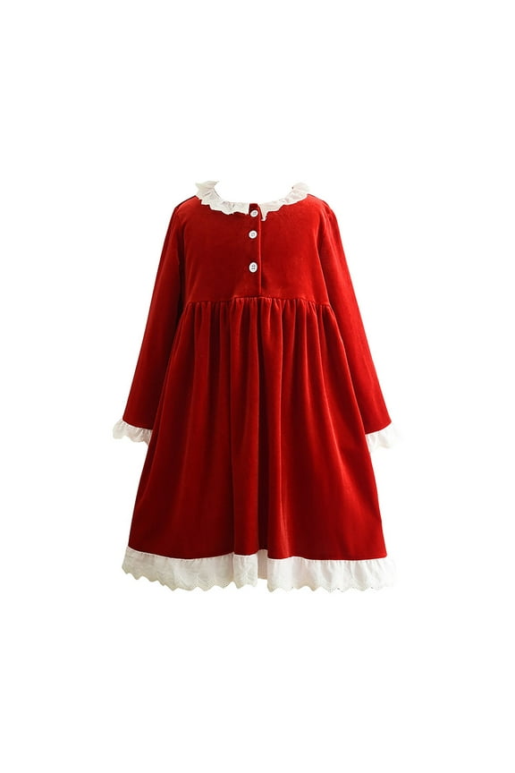 Children's Xmas Velvet Dress Girls Christmas Holiday Nigh𝐭dress Long Sleeve Ruffle Santa Dress for 3 to 7 Years