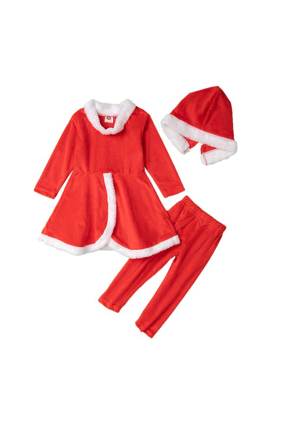 Christmas Kids Girls Clothes Outfits /Santa Long Sleeve Velvet Tops and Pants Hat Set 3Pcs Toddler Clothes