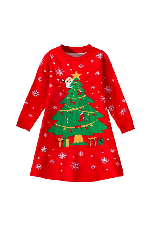 Christmas Sweater Dress for Girls Cute Snowflake Graphic A-Lined Long Sleeve Knit Dress Fall Winter Warm Dresses
