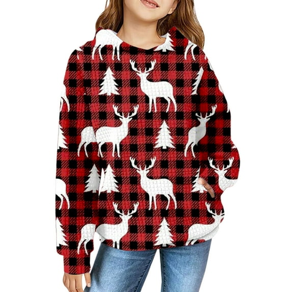 Mercatoo Christmas Waffl1 Hoodie Girls Cute Santa Clau1 Snowman El1 Print Hooded Sweater Winter Oversized Funny Sweatshirt