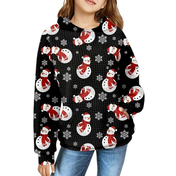 Mercatoo Christmas Waffl1 Hoodie Girls Cute Santa Clau1 Snowman El1 Print Hooded Sweater Winter Oversized Funny Sweatshirt