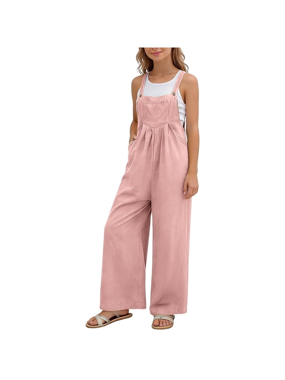 Cotton Linen Overalls for Girls Wide Leg Jumpsuits Casual Sleeveless 1ompers Overalls Summer 1alazzo Pants with Pockets