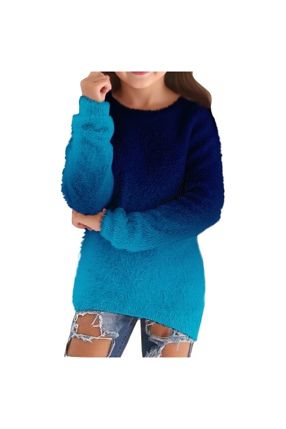 Cozy Sweaters for Girls Fleece Fuzzy Gradient Long Sleeve Fall Pullover Fluff1 Crewneck Wool Christmas Winter Clothes